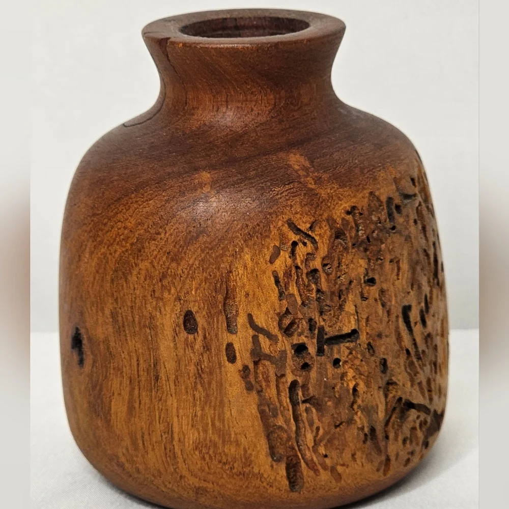 Artisan Carved Burl Wood Bud Vase Vintage Rustic Decor Natural Wood Grain Textur